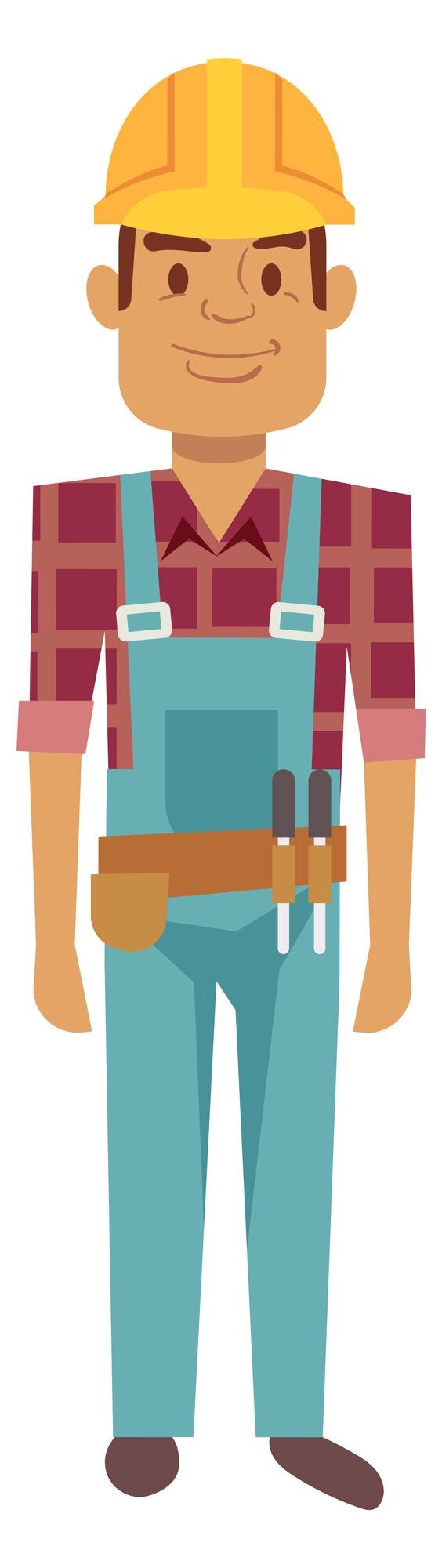 Vector trabajador ingeniero profesional reparador o constructor de construcción personaje aislado sobre fondo blanco