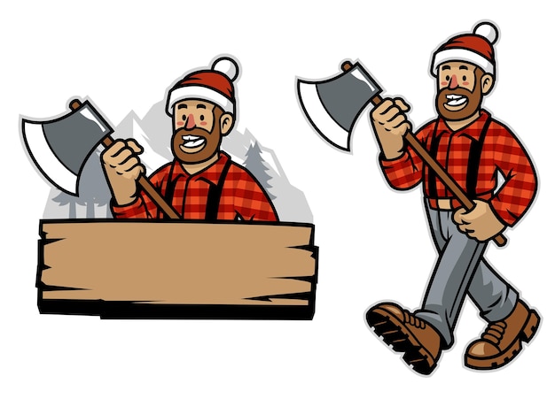 Trabajador de leñador feliz de dibujos animados