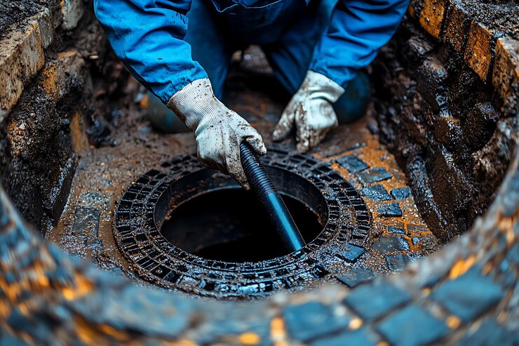 Vector trabajador limpiando un desagüe de tormenta con un aspirador en un túnel de drenaje con una tubería flexible