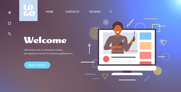 Trabajador de manitas con destornillador y alicates de corte blogger grabación video en línea red social blogging concepto monitor pantalla jugador en línea retrato horizontal