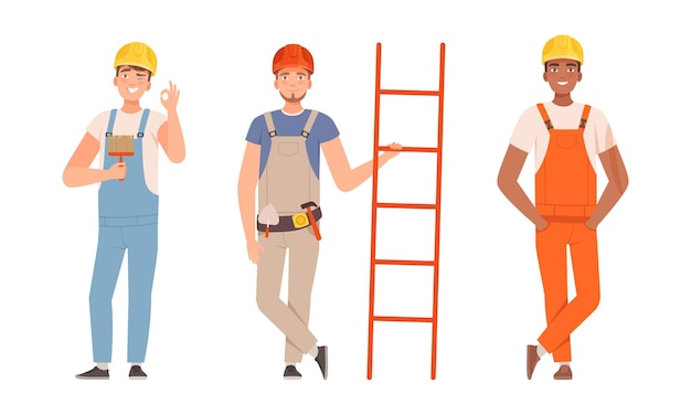 Trabajador manual o arreglador como hombre hábil que lleva una escalera y un cepillo que se dedica al trabajo de reparación del hogar Conjunto vectorial