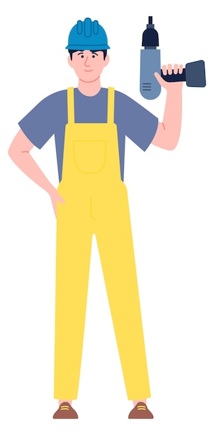 Trabajador manual con taladro constructor de casas o reparador carácter de color