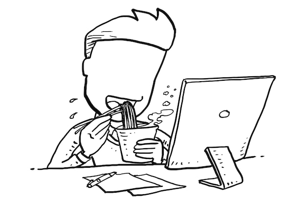 Trabajador masculino comiendo deliciosos fideos instantáneos picantes calientes cuando se rompe el concepto Freelancer Diseño de ilustración vectorial de dibujos animados