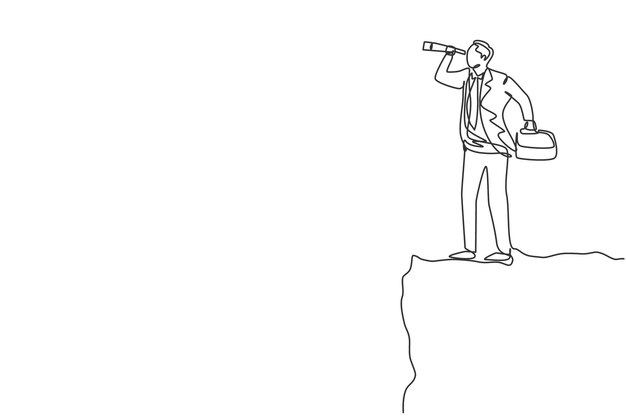 Trabajador masculino de dibujo continuo de una línea analiza la situación del mercado desde la cima del vector de negocios de montaje