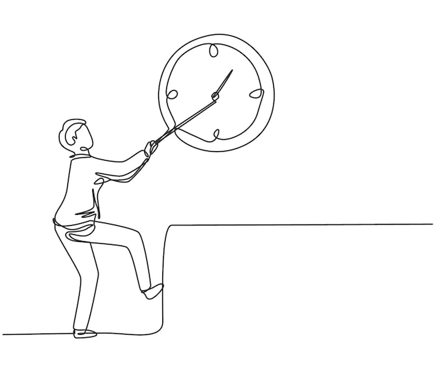 Trabajador masculino de dibujo continuo de una línea tirando en el sentido de las agujas del reloj un gran reloj analógico en el vector de la pared