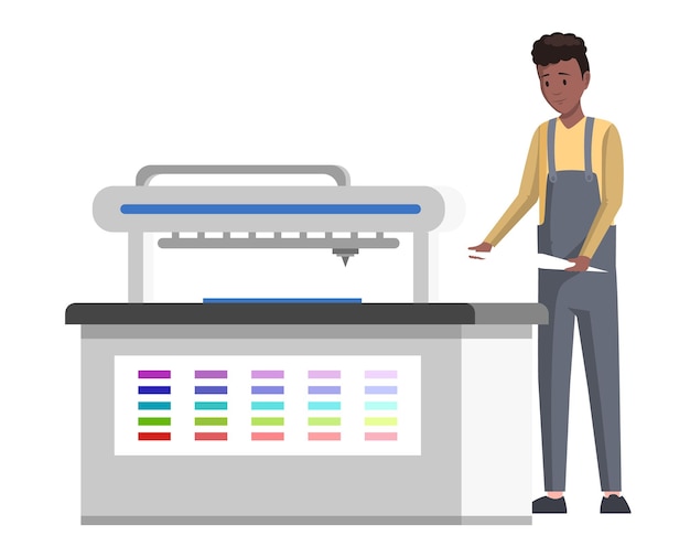 Vector trabajador masculino imprimiendo documento de publicación con equipo servicios de imprenta proceso de impresión ilustración vectorial el hombre trabaja con la máquina para imprimir en papel el tipo comprueba la tinta y el papel de la impresora a color