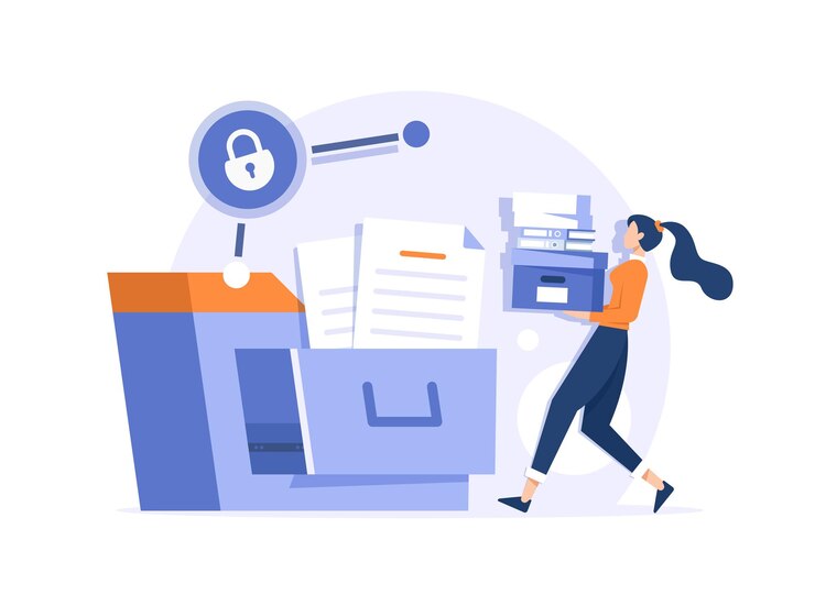 Vector trabajador de oficina con carpeta gigante para almacenar papeles concepto moderno de sistema de gestión de archivos