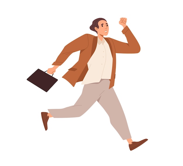Trabajador de oficina corriendo rápido apresurándose a llegar a tiempo al trabajo Empleado ocupado apresurado Hombre estresado está atrasado con los plazos de negocios urgentes Ilustración vectorial plana aislada en fondo blanco
