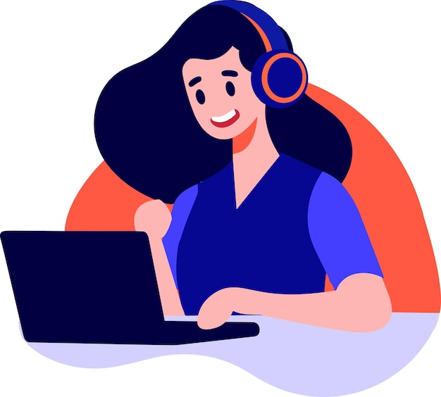 Trabajador de oficina dibujado a mano con auriculares en concepto Centro de apoyo en estilo plano aislado en el fondo