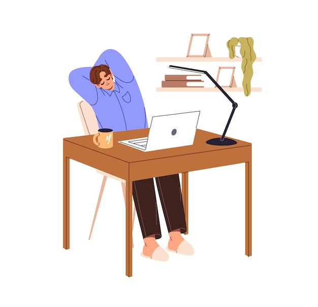 Trabajador de oficina se estira en el escritorio de la computadora Hombre con trabajo sedentario hace ejercicios físicos en la silla en el descanso Empleado hace entrenamiento de yoga en el lugar de trabajo de casa Ilustración de vector aislado plano en blanco