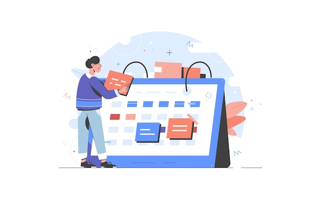 Trabajador de oficina con un gran calendario de planificación para el mes. Concepto de gestión del tiempo, horario