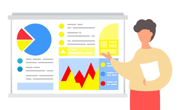 Vector trabajador de oficina muestra la presentación en la mano del gesto del tablero digital empresario aislado en el fondo blanco infografías gráficas de gráficos de datos en el tablero entrenador de entrenadores de trabajadores en capacitación empresarial