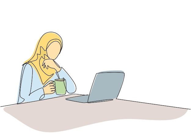 Un trabajador de oficina musulmán de dibujo de línea continua toma un descanso mientras bebe una taza de café vector