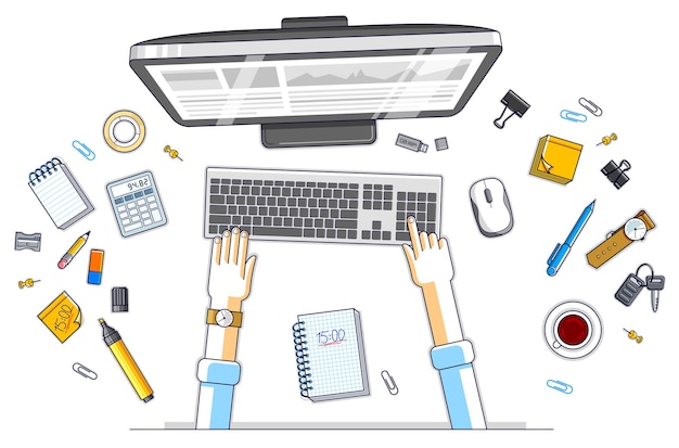 Trabajador de oficina o empresario que trabaja en una computadora PC, vista superior del escritorio del espacio de trabajo con manos humanas y diversos objetos de papelería. Todos los elementos son fáciles de usar por separado. ilustración vectorial