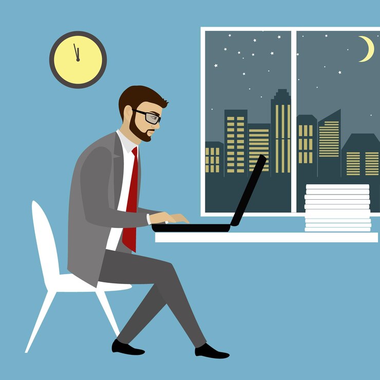 Vector trabajador de oficina o hombre de negocios trabajando en computadora portátil trabajo nocturno ilustración de vector de dibujos animados