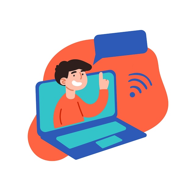 Vector trabajador de oficina pc servicio de soporte de trabajo chat correspondencia diálogo línea directa portátil sitio web consultoría en línea conexión wifi estilo plano hombre en una camiseta naranja sobre un fondo blanco