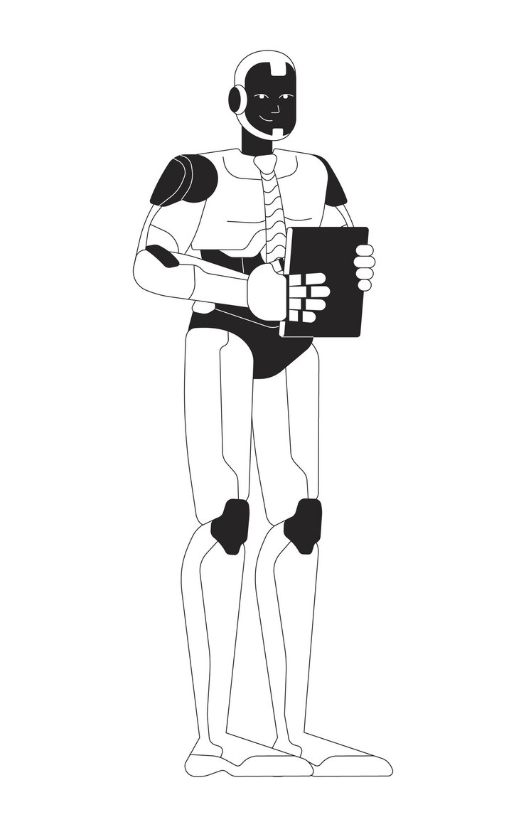 Vector trabajador de oficina robot ilustración de línea en blanco y negro