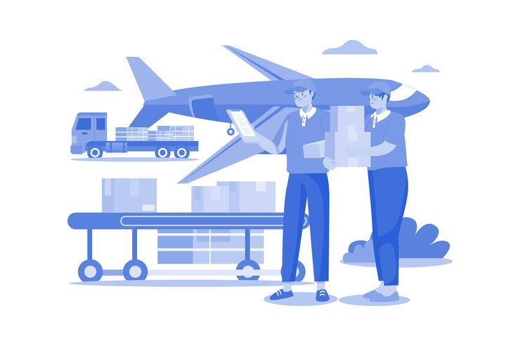 Vector trabajador poniendo cajas en un avión de carga