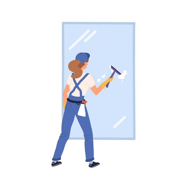 Trabajador profesional del servicio de limpieza que lava la ventana con depurador y limpiador. Mujer joven en uniforme y guantes trabajando como limpiadora. Ilustración de vector plano coloreado aislado sobre fondo blanco.