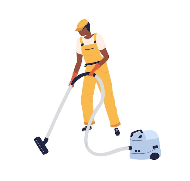 Trabajador profesional del servicio de limpieza trabajando con aspiradora. hombre en uniforme y guantes usando aspiradora manual para limpieza. ilustración de vector plano coloreado aislado sobre fondo blanco.