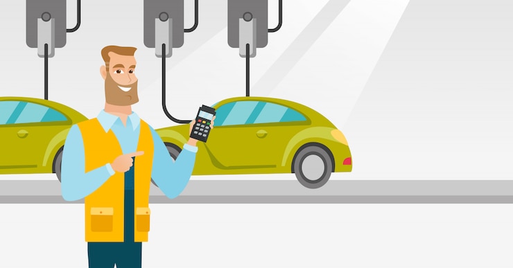 Vector trabajador que controla la línea de montaje automatizada para automóvil.