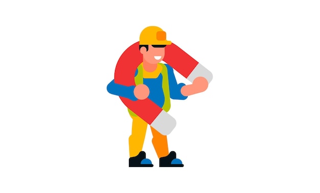 Un trabajador que sostiene un imán grande Constructor e imán Sonrisa feliz fuerza fuerza de atracción Ilustración vectorial aislada sobre fondo blanco