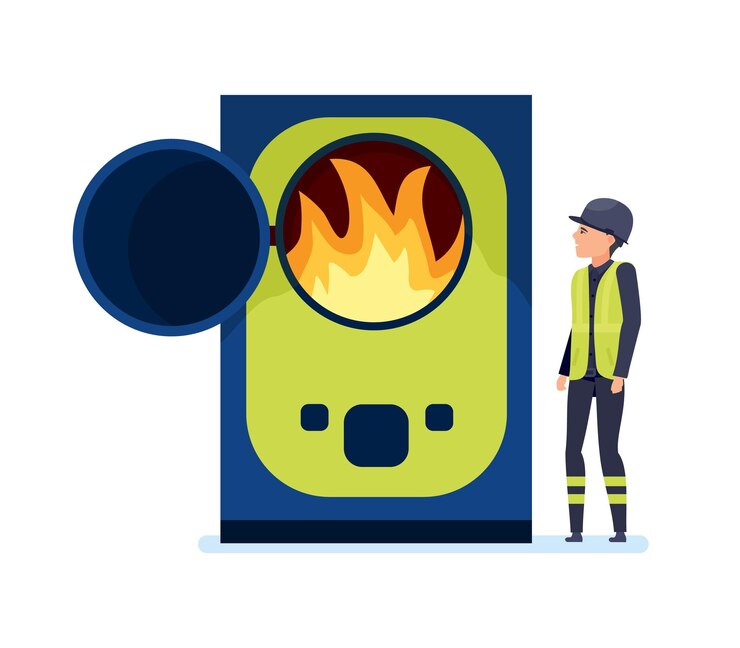 Vector trabajador quema basura en horno especial clasifica basura y recicla