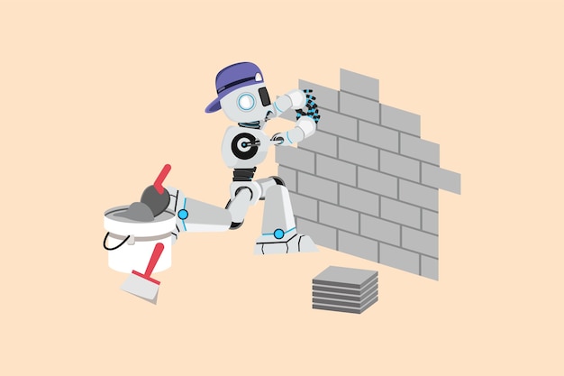 Trabajador de reparación de robot de dibujo de estilo de dibujos animados plano de negocios colocación de azulejo de pared de cerámica Azulejo profesional que trabaja mosaico en casa Industria de inteligencia artificial de robot Ilustración de vector de diseño gráfico