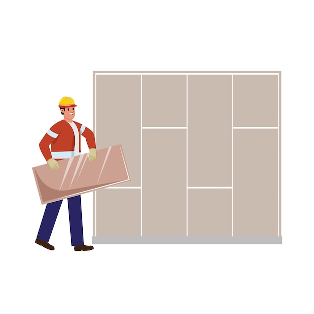Trabajador reparando paredes exteriores Cargando un pedazo de panel para la pared