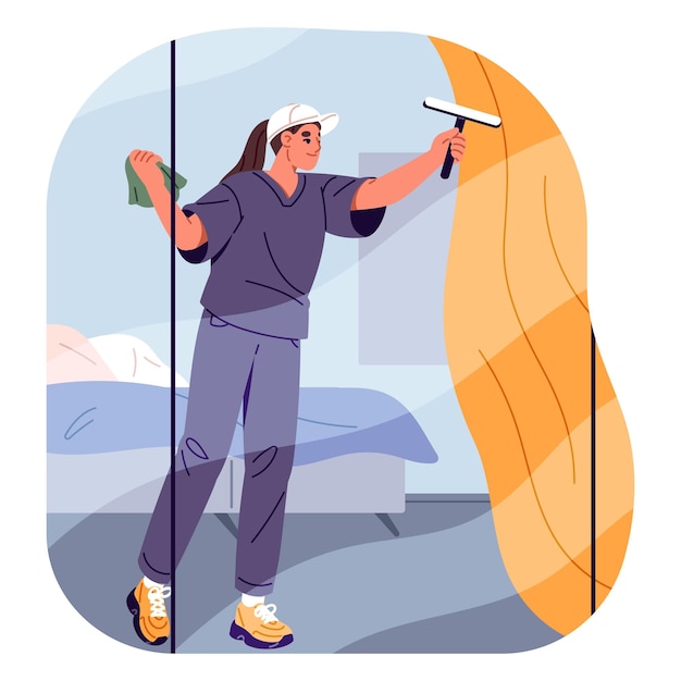 Trabajador de servicio de limpieza lava la ventana con un raspador Mujer en uniforme limpia el vidrio dentro de la casa Persona hace tareas domésticas en el negocio de limpiezo plano ilustración vectorial aislada en blanco