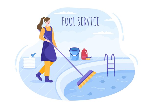 Trabajador de servicio de piscina con aspiradora de escoba o red para mantenimiento en ilustración
