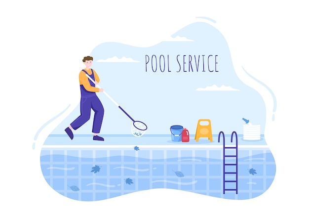 Vector trabajador de servicio de piscina con aspiradora de escoba o red para mantenimiento en ilustración