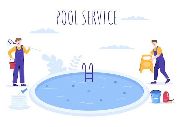 Vector trabajador de servicio de piscina con aspiradora de escoba o red para mantenimiento en ilustración