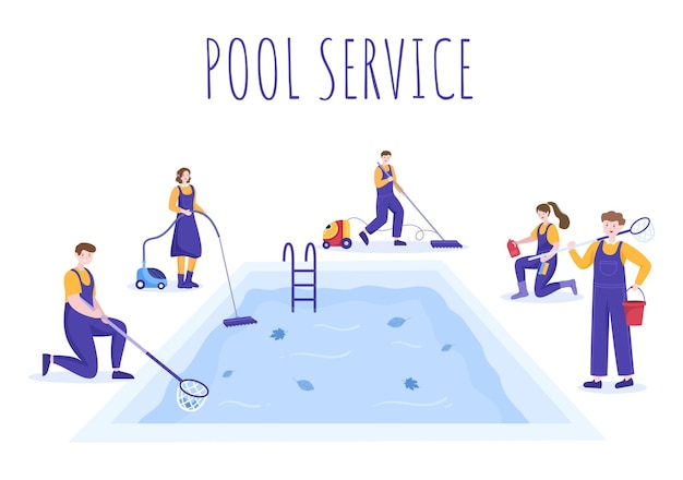 Trabajador de servicio de piscina con aspiradora de escoba o red para mantenimiento en ilustración