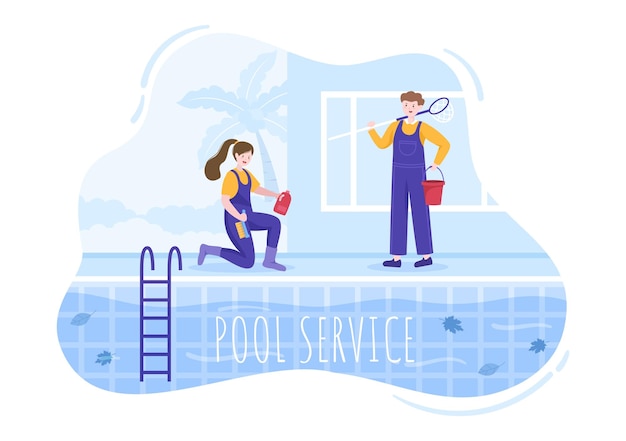 Trabajador de servicio de piscina con aspiradora de escoba o red para mantenimiento en ilustración