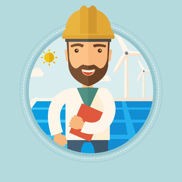 Trabajador de sexo masculino de la planta de energía solar y parque eólico