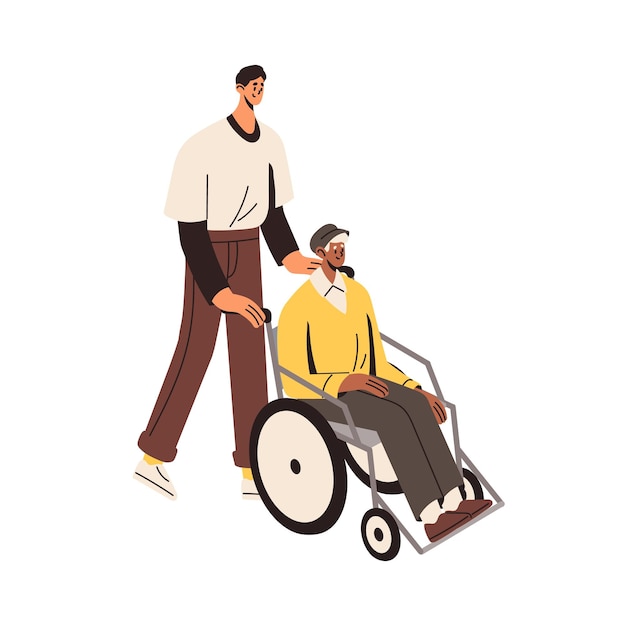 Trabajador social que asiste a personas mayores discapacitadas en silla de ruedas Enfermera que cuida a ancianos Cuidador voluntario que ayuda a personas mayores en sillas de ruedas Ilustración vectorial aislada plana sobre fondo blanco
