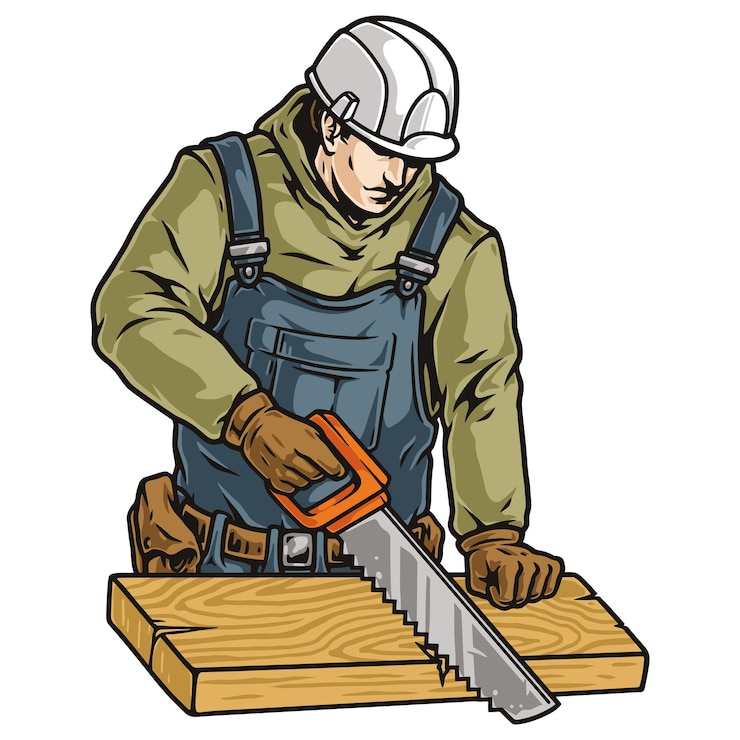 Vector trabajador con sombrero duro que utiliza sierra