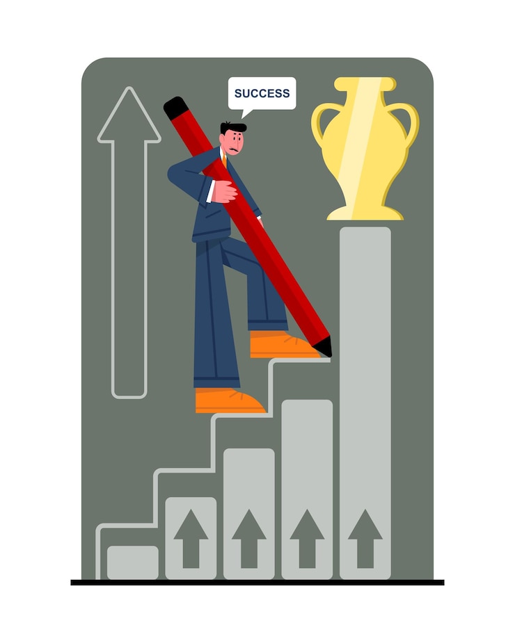 Vector trabajador subiendo las escaleras a la copa concepto de trabajador exitoso lograr objetivos al pasar todas las etapas