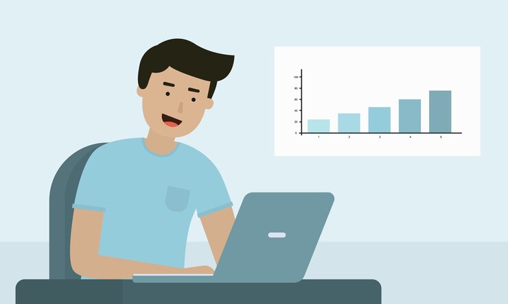 Vector trabajador de ti con gráfico de gráfico de columna en la oficina.