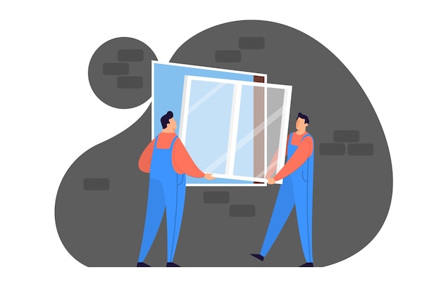 Trabajador en ventana de instalación uniforme. Servicio profesional, equipo reparador. ilustración