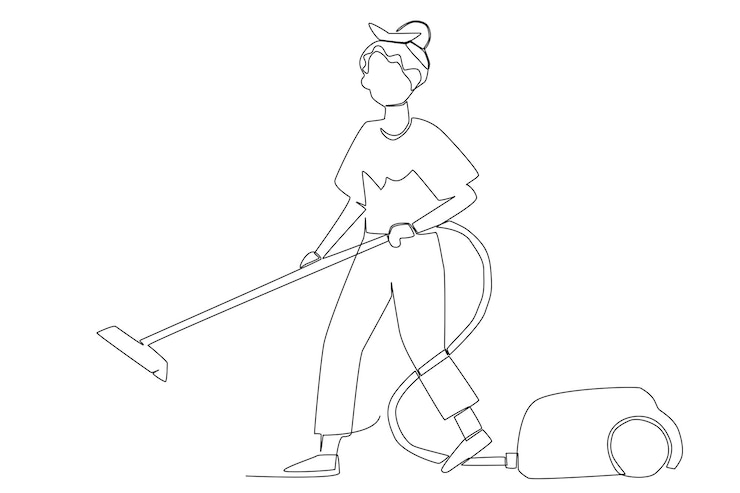 Vector una trabajadora aspirando el arte lineal del piso