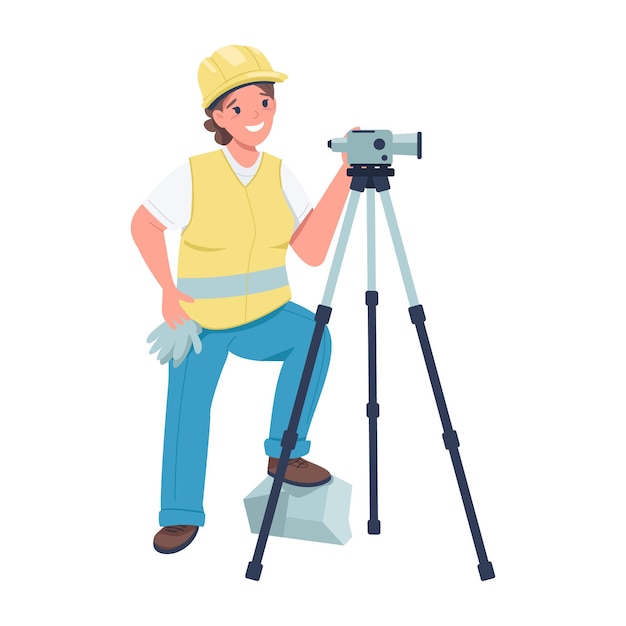 Trabajadora de la construcción con cámara de video personaje de vector de color semiplano Persona de cuerpo completo en blanco Ilustración de estilo de dibujos animados simple de igualdad de género para diseño gráfico web y animación