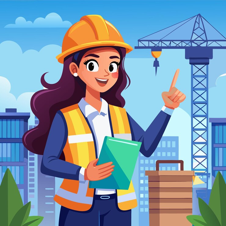 Vector una trabajadora de la construcción en un chaleco de seguridad amarillo y un casco rígido sonríe y señala una grúa de construcción