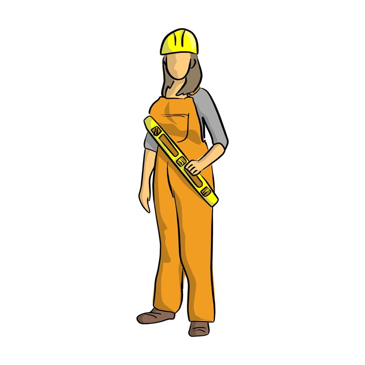 Vector trabajadora de la construcción que sostiene una ilustración vectorial de nivel de burbuja de construcción amarilla