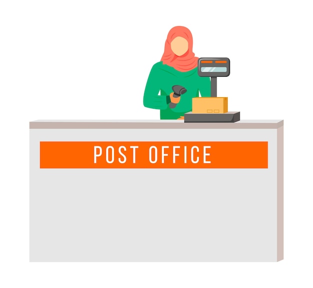 Trabajadora de la oficina de correos con color plano hijab. mujer comprueba y escanea paquetes. proceso posterior a la prestación del servicio. punto de recogida personaje de dibujos animados aislado sobre fondo blanco.