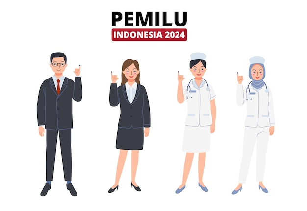 Trabajadora de oficina indonesia y enfermera que muestran dedos teñidos después de votar en las elecciones generales de 2024