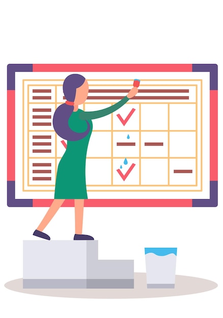 Trabajadora planificando tiempo con ilustración de vector plano de calendario Metáfora de gestión de tiempo