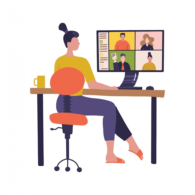 Trabajadora que usa la computadora para una reunión virtual colectiva, videoconferencia grupal. Mujer en el escritorio chateando en línea. Ilustración para videoconferencia, trabajo remoto. Diseño plano
