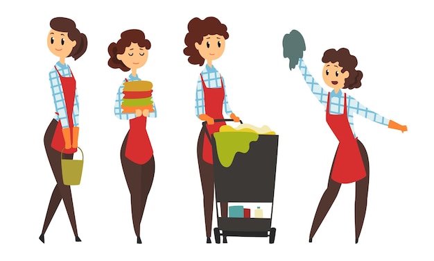 Trabajadora del servicio de limpieza en delantal con diferentes herramientas Colección ama de casa en la ilustración vectorial de rutina cotidiana